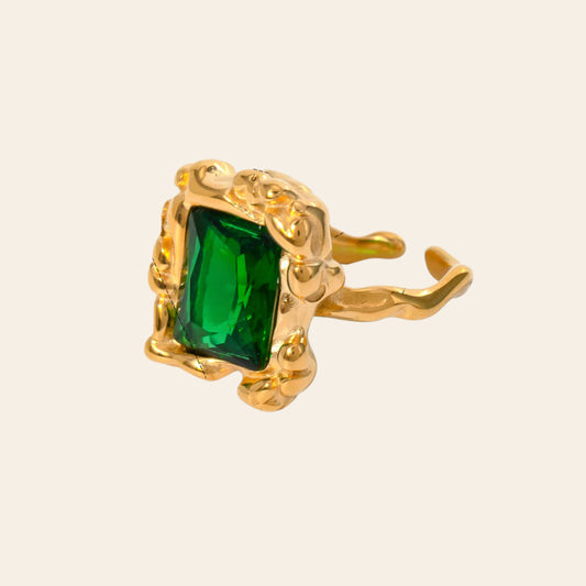 Retro Texture Green Open-end Zircon Ring