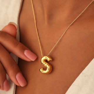 Gold Plated Copper Chunky Alphabet Balloon Bubble Initial Letter Pendant Necklace for Women Men Charm Necklaces, Initial Letter Pendant Necklace, gold necklace, gold pendant, gold pendant with initial, initial pendant, letter pendant, jewellery for gift, S letter pendant,