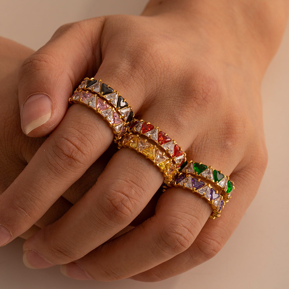 Stainless Steel Inlaid Triangle Zircon Ring
